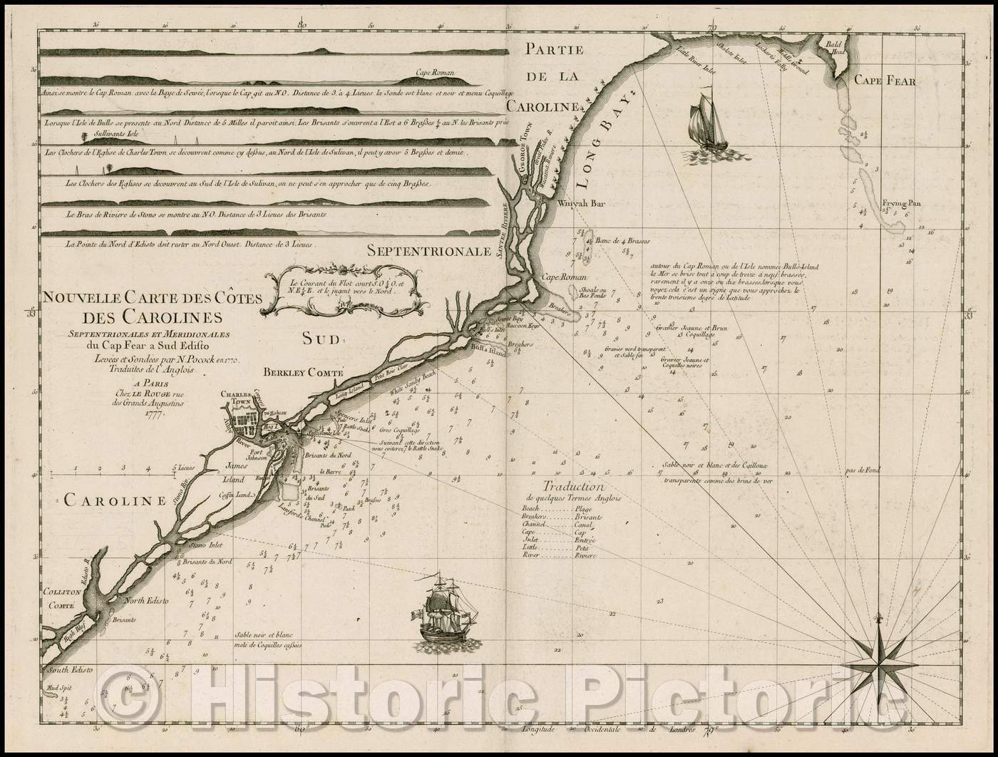 Historic Map - Nouvelle Carte Des Cotes Des Carolines Septentrionales Et Meridionales du Cap Fear :: Chart of the Carolina coast, Le Rouge, Revolutionary War, 1777 - Vintage Wall Art
