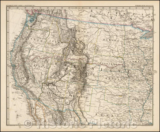Historic Map - Vereinigte Staaten, Blattern 1 (Western United States) / Map of Region illustrating the great precision in Stieler's work, 1882, Adolf Stieler - Vintage Wall Art