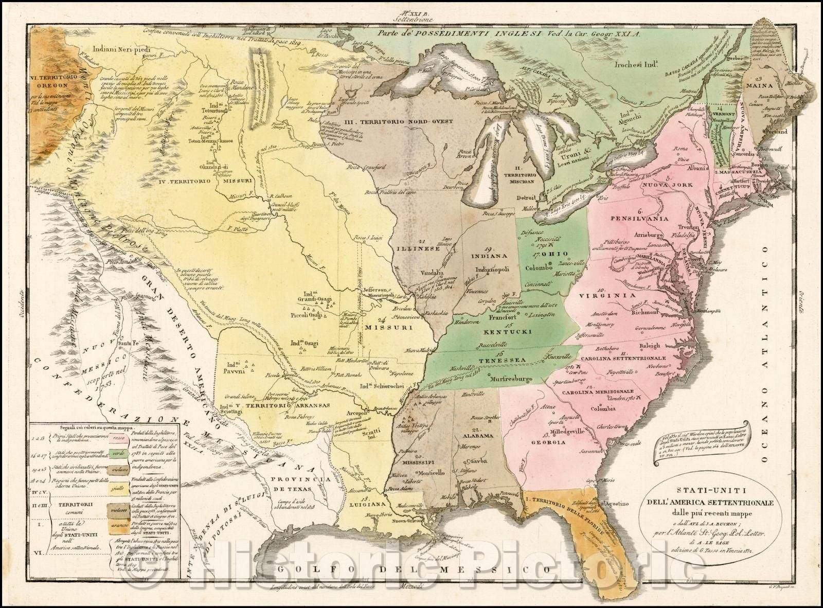 Historic Map - Stati-Uniti dell' America Settentrionale dalle pi? recenti Mappe/Map of he US, colored by territorial acquisitions up to 1822, 1832, G. Tasso - Vintage Wall Art