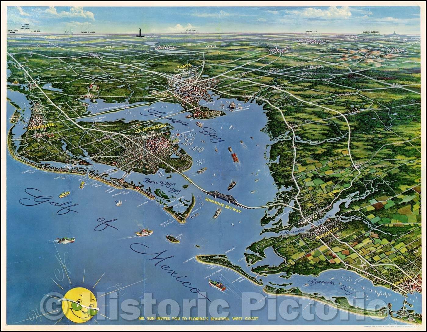 Historic Map - Mr. Sun Invites You To Florida's Beautiful West Coast, 1940, Charles A. Lenz - Vintage Wall Art