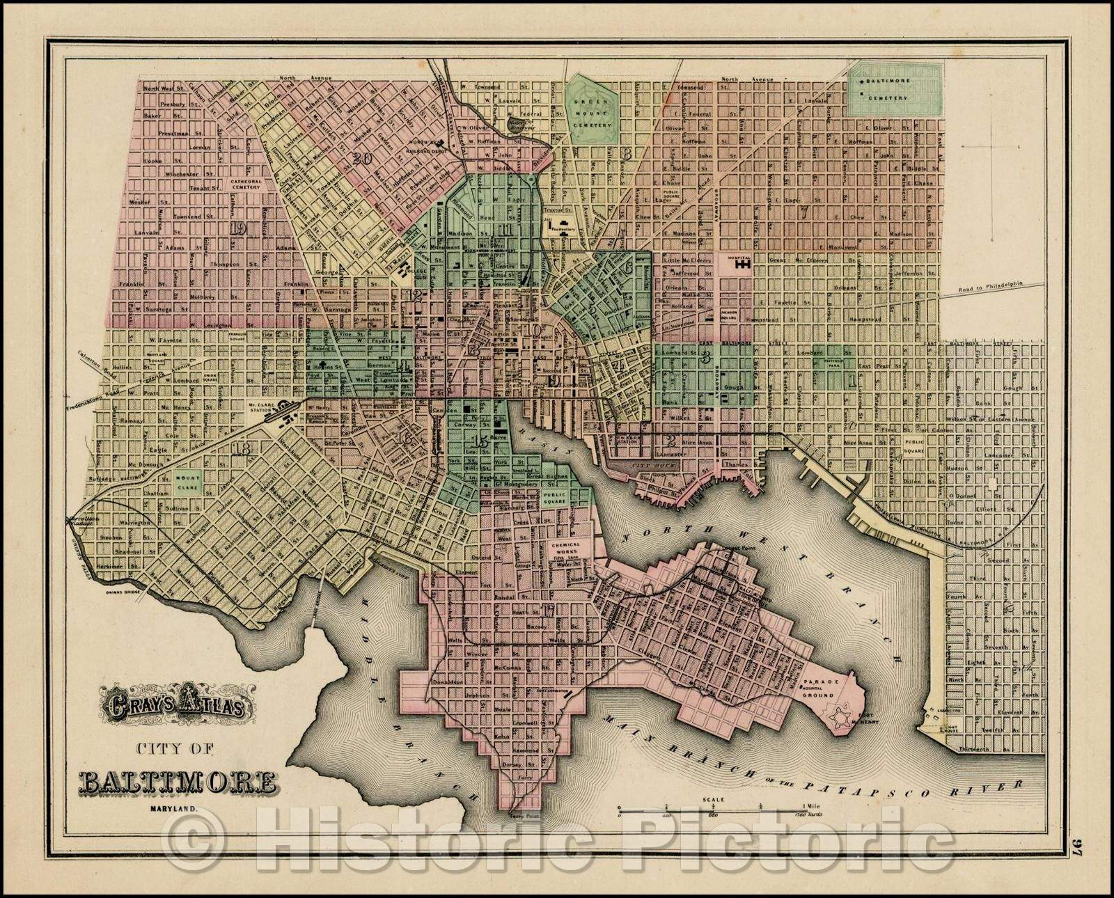 Historic Map - Gray's New Map of Baltimore, 1874, O.W. Gray - Vintage Wall Art