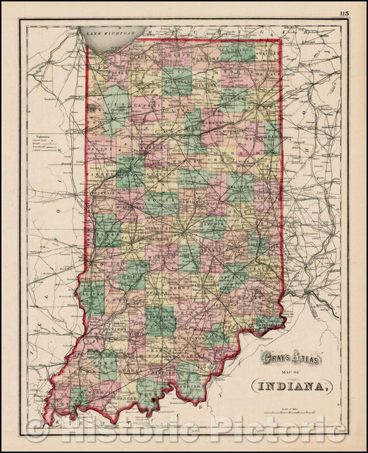 Historic Map - Gray's New Map of Indiana, 1873, O.W. Gray - Vintage Wall Art