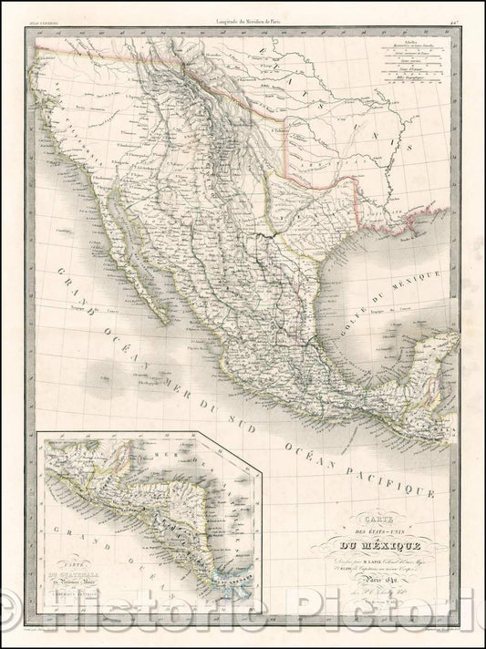 Historic Map - Carte Des Etats-Unis Du Mexique, 1842, Alexandre Emile Lapie - Vintage Wall Art