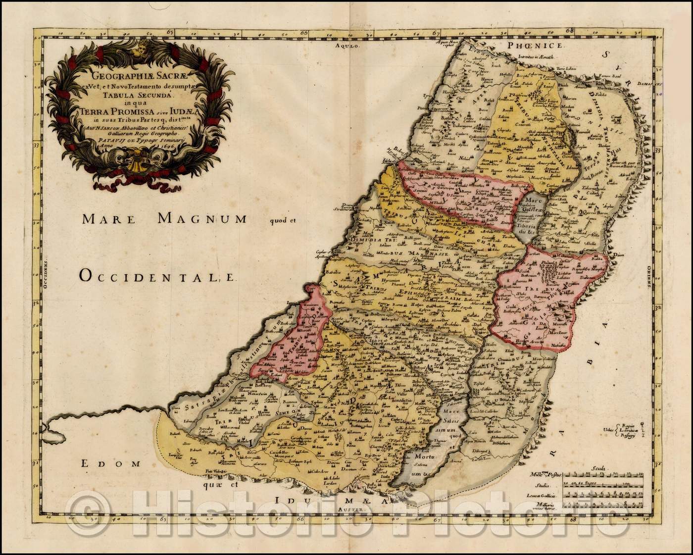 Historic Map - Geographiae Sacrae ex Veteri et Novo Testamento desumptae Tabula 2d in qua/Map of the Holy Land, with original color, 1696 - Vintage Wall Art