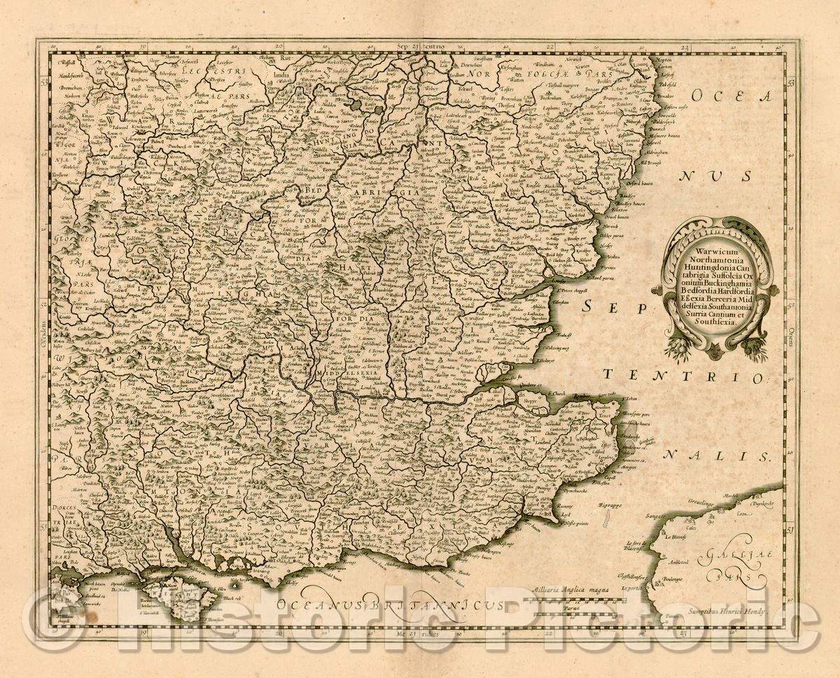 Historic Map - Warwicum, Northhamtonia, Huntingdonia, Cantabrigia, Suffolcia, Oxonium, Buckinghamia, Befordia, Harfordia, Essexia, Berceria, Middlesexia, 1628 - Vintage Wall Art