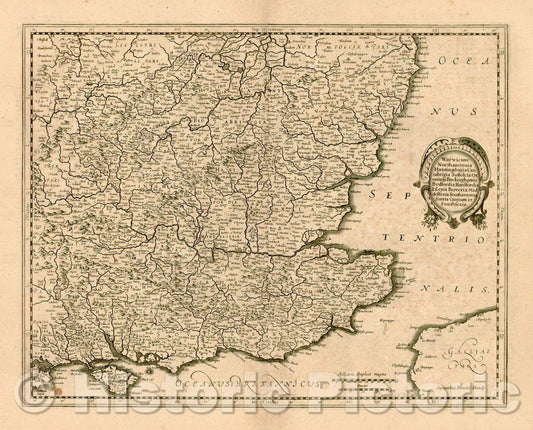 Historic Map - Warwicum, Northhamtonia, Huntingdonia, Cantabrigia, Suffolcia, Oxonium, Buckinghamia, Befordia, Harfordia, Essexia, Berceria, Middlesexia, 1628 - Vintage Wall Art