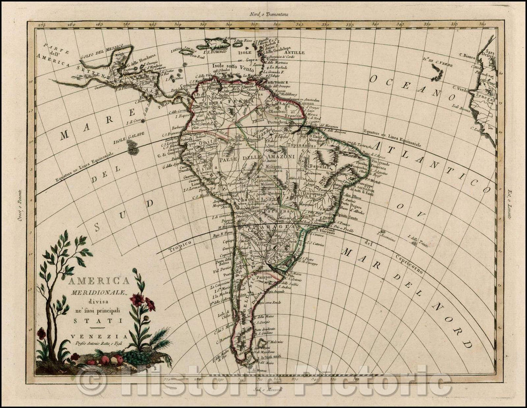 Historic Map - America Meridionale divisa ne suoi principali Stati/Map of South America. title cartouche, 1785, Antonio Zatta - Vintage Wall Art