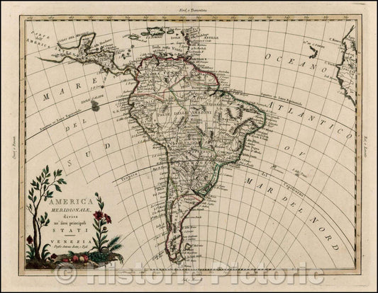 Historic Map - America Meridionale divisa ne suoi principali Stati/Map of South America. title cartouche, 1785, Antonio Zatta - Vintage Wall Art
