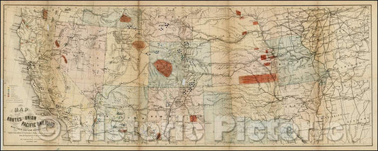 Historic Map - Map of the Routes of the Union Pacific Railroads With Their Eastern Connections, 1867, William Keeler - Vintage Wall Art