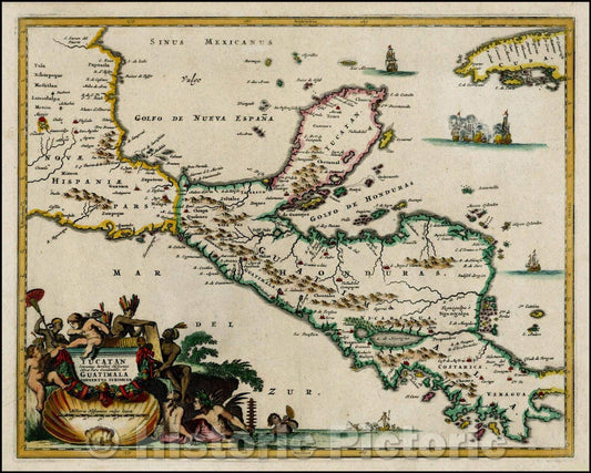 Historic Map - Yucatan Conventus Iuridici Hispaniae Novae Pars Occid :: Yucatan, Guatimala and Honduras, south to Costa Rica, Panama City, 1671 - Vintage Wall Art