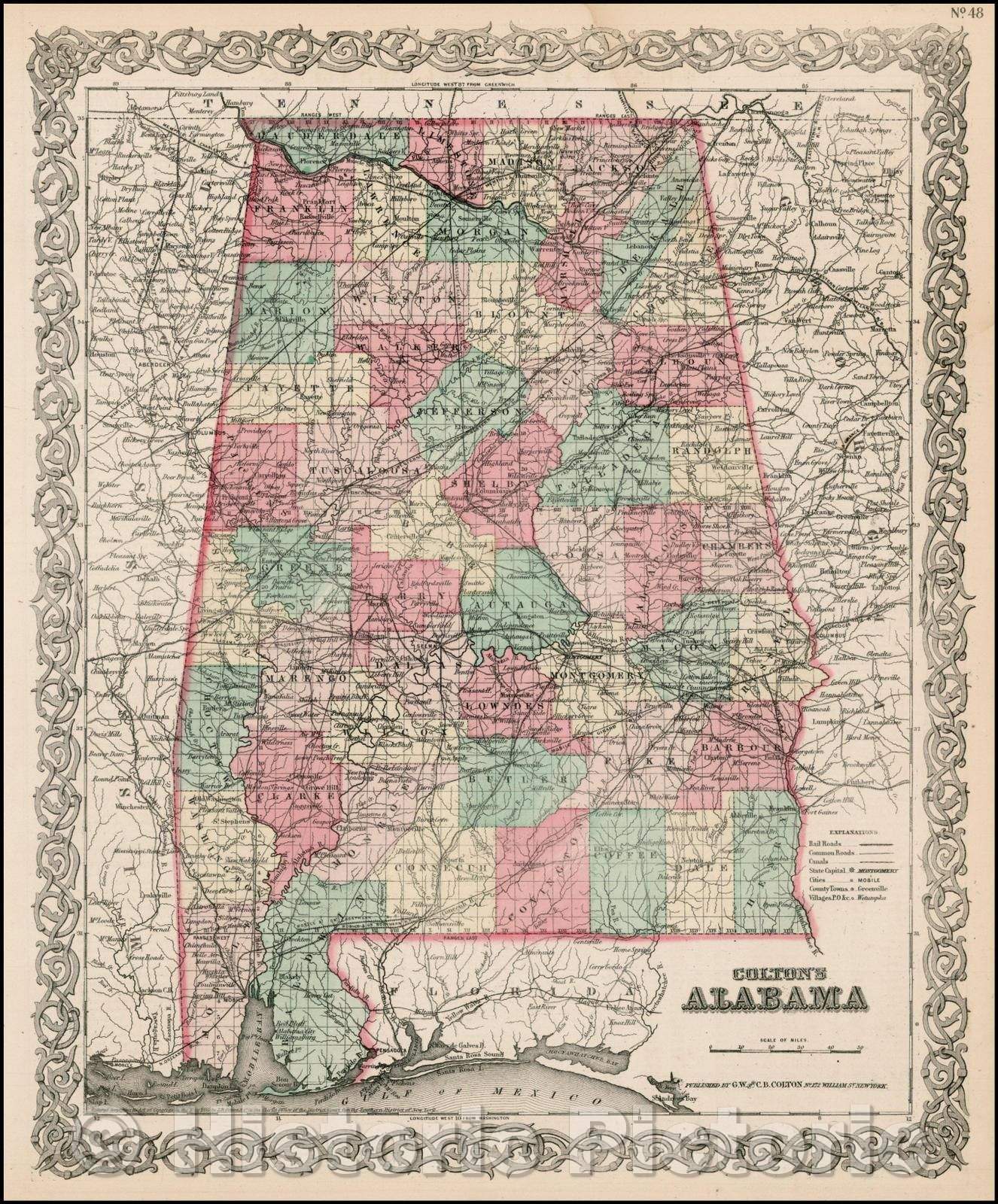 Historic Map - Colton's Alabama, 1862, G.W. & C.B. Colton - Vintage Wall Art