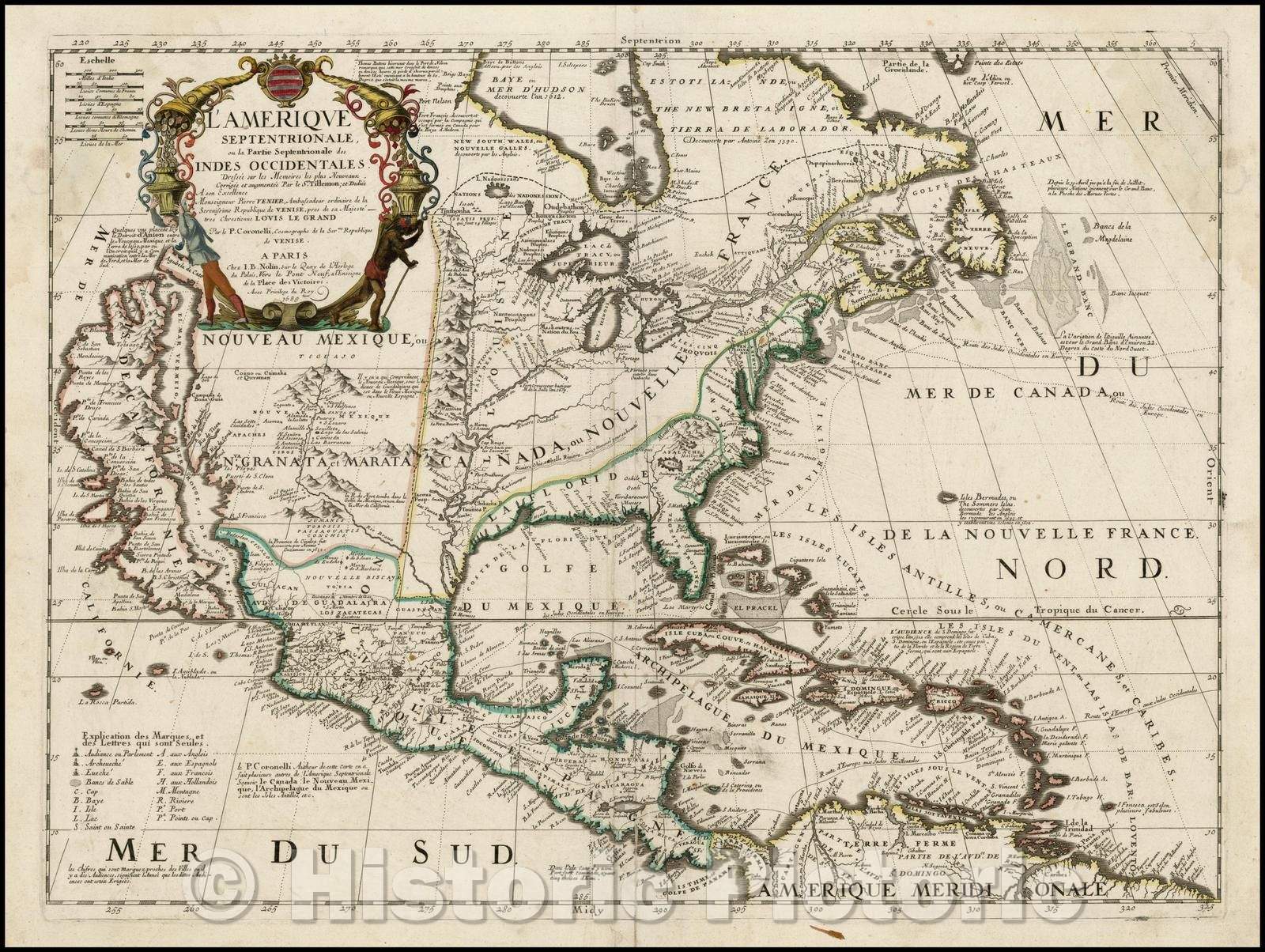 Historic Map - L'Amerique Septentrionale ou la Partie Septentrionale des Indes Occidentales Dressee sur les Memoires les plus Nouveaus Corigee, 1690 - Vintage Wall Art