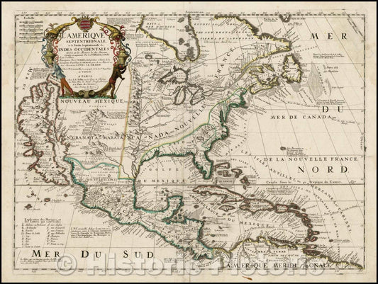 Historic Map - L'Amerique Septentrionale ou la Partie Septentrionale des Indes Occidentales Dressee sur les Memoires les plus Nouveaus Corigee, 1690 - Vintage Wall Art