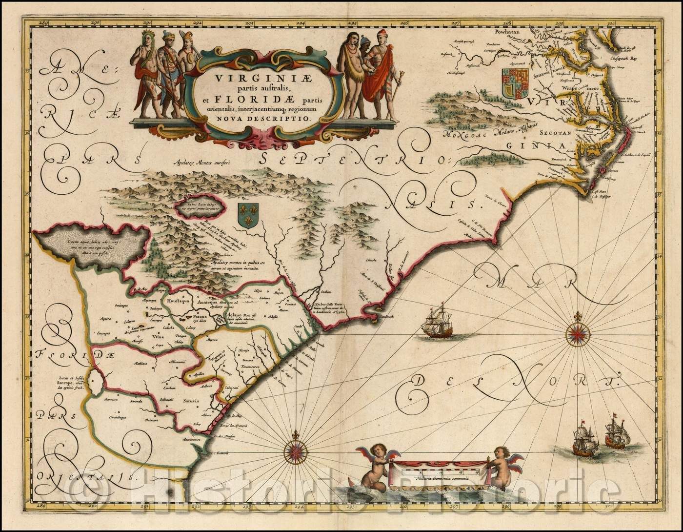Historic Map - Virginiae Partis australis, et Floridae partis orientalis, interjacentiumqus regionum Nova, 1640, Jan Jansson - Vintage Wall Art