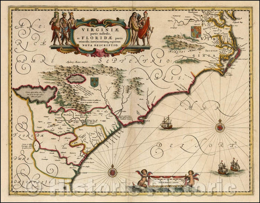 Historic Map - Virginiae Partis australis, et Floridae partis orientalis, interjacentiumqus regionum Nova, 1640, Jan Jansson - Vintage Wall Art