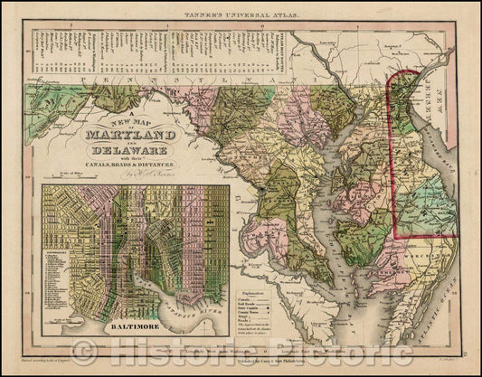 Historic Map - Maryland and Delaware with their Canals, Roads, Distances, 1844, Henry Schenk Tanner v1