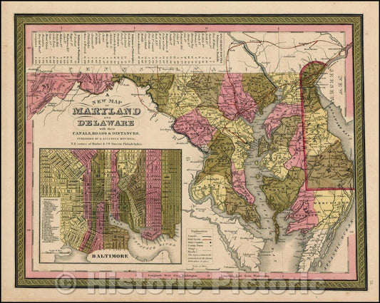 Historic Map - A New Map Of Maryland and Delaware with their Canals, Roads, Distances, 1847, Samuel Augustus Mitchell - Vintage Wall Art