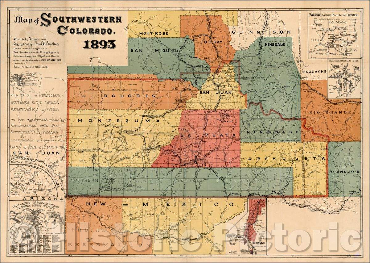 Historic Map - Map of Southwestern Colorado, 1893, Emil B. Fischer - Vintage Wall Art