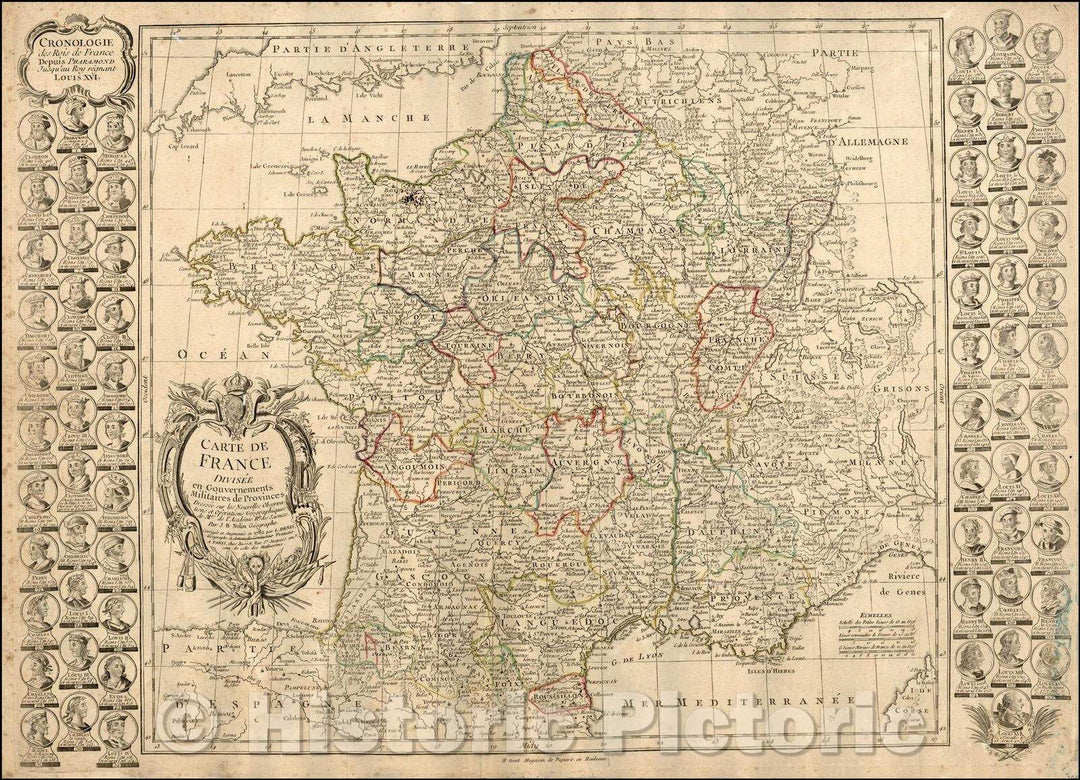 Historic Map - Carte De France Divisee en Gouvernements Militaires de Provinces/Map of France, complete Chronological History of the Kings of France, 1782 - Vintage Wall Art