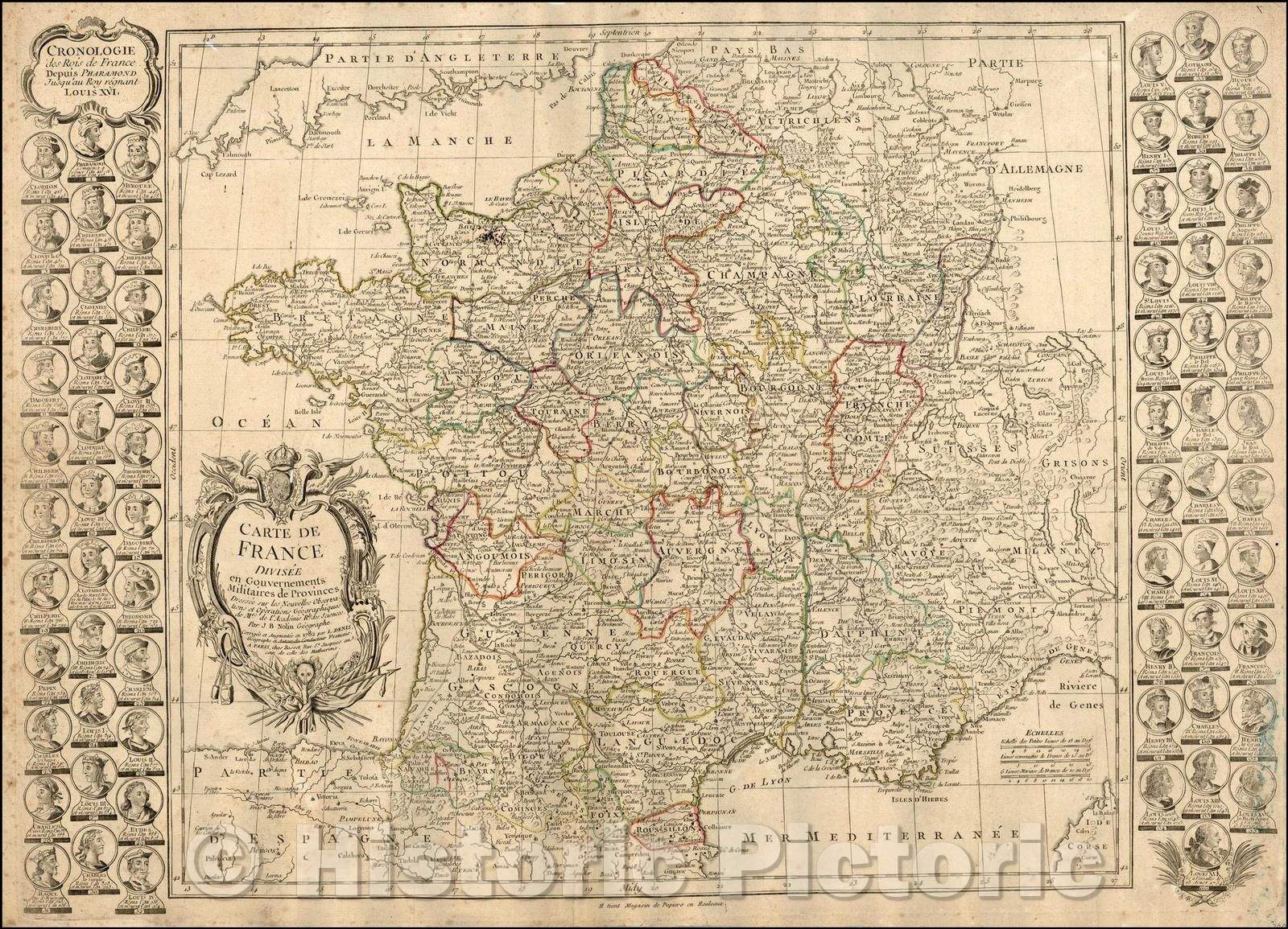 Historic Map - Carte De France Divisee en Gouvernements Militaires de Provinces/Map of France, complete Chronological History of the Kings of France, 1782 - Vintage Wall Art