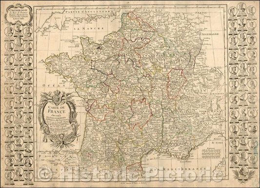 Historic Map - Carte De France Divisee en Gouvernements Militaires de Provinces/Map of France, complete Chronological History of the Kings of France, 1782 - Vintage Wall Art