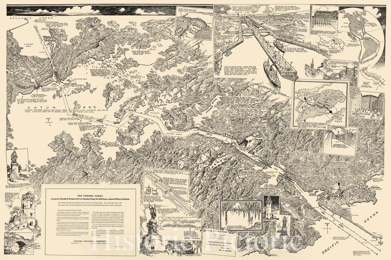 Panama Canal - Aerial Bird's Eye View, 1925 | Historical Map Print