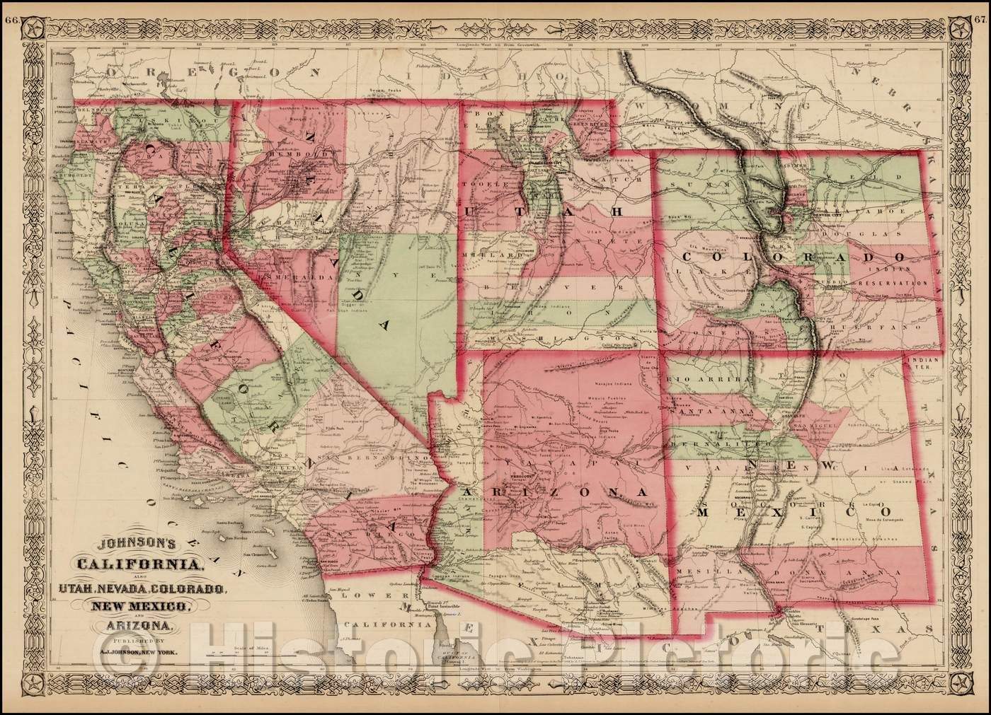 Historic Map - Johnson's California, with Utah, Nevada, Colorado, New Mexico and Arizona, 1867, Alvin Jewett Johnson v1