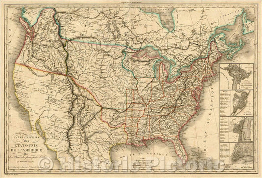 Historic Map - Etats-Unis De L'Amerique avec les Plans des principales :: Carte Generale From the United States Of America with maps of major cities, 1826 - Vintage Wall Art