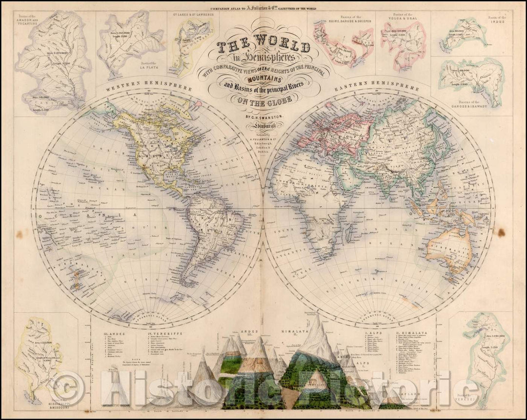 Historic Map - The World in Hemispheres with Comparative Views of the Heights of the Principal Mountains and Basins of the Principal Rivers on the Globe, 1849 v1