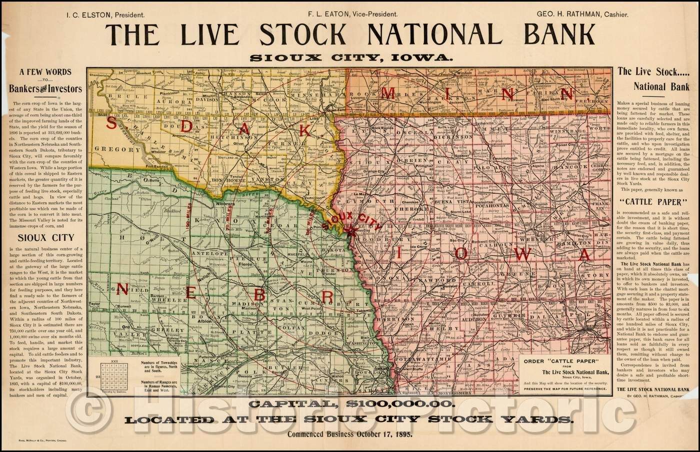 Historic Map - The Live Stock National Bank - Sioux City, Iowa, 1895, Rand McNally & Company - Vintage Wall Art