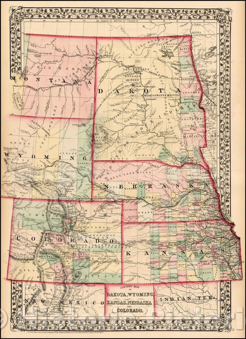 Historic Map - County Map of Dakota, Wyoming, Kansas, Nebraska and Colorado, 1871, Samuel Augustus Mitchell Jr. - Vintage Wall Art