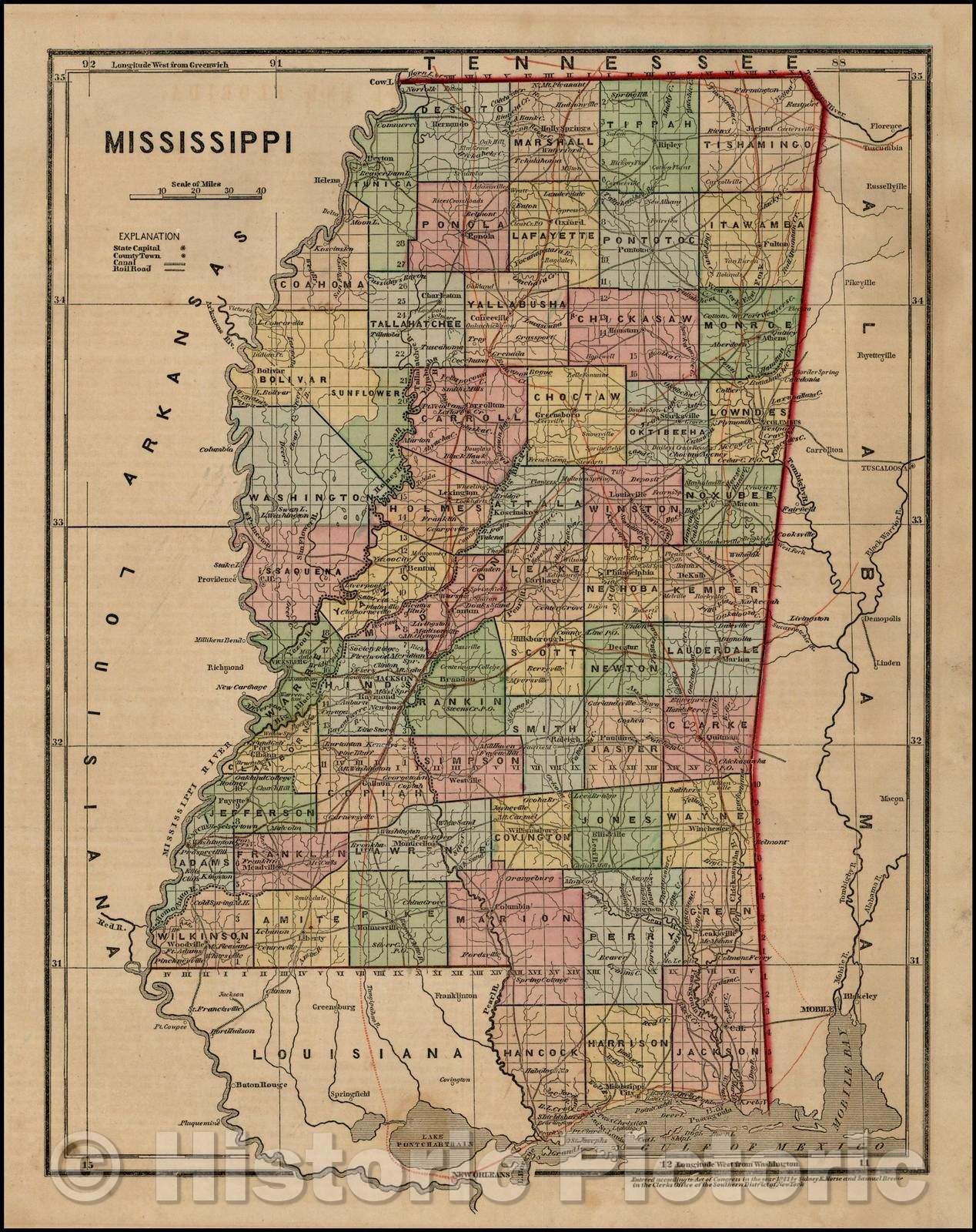 Historic Map - Mississippi, 1856, Charles Morse - Vintage Wall Art