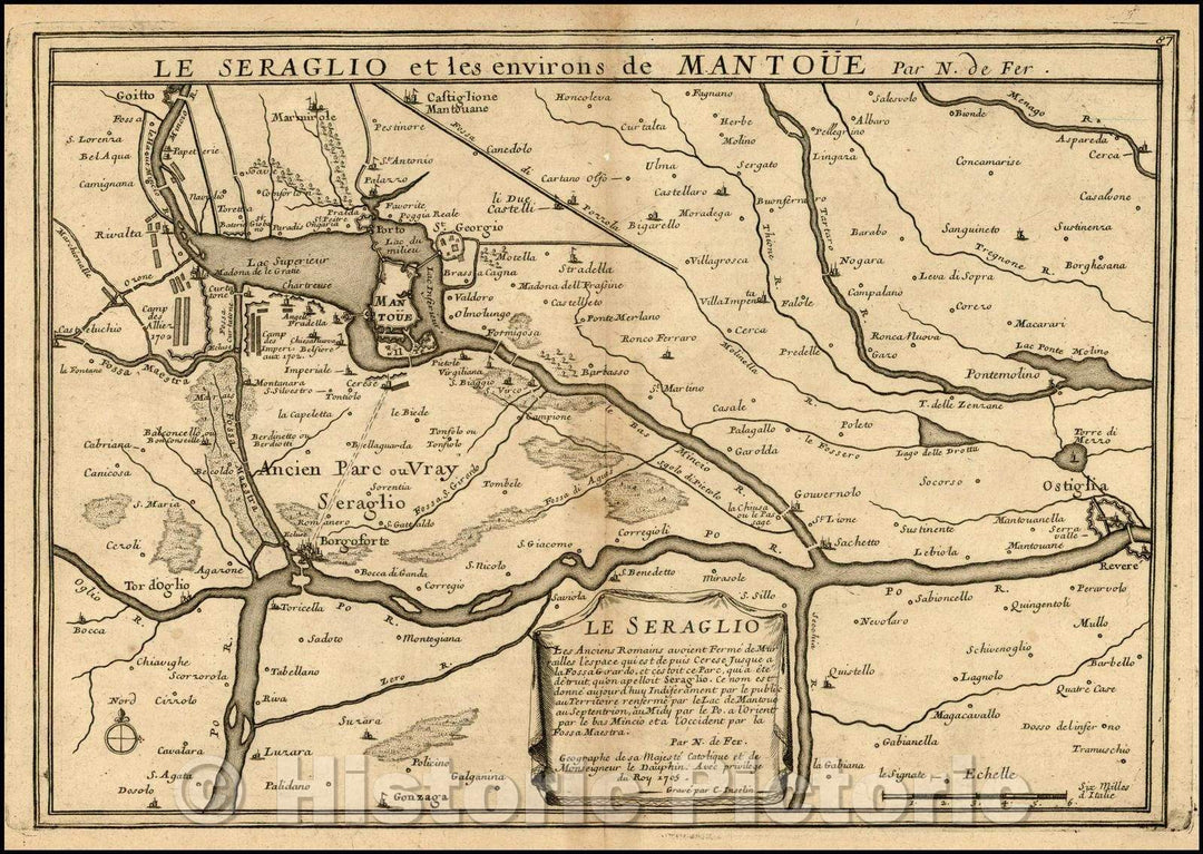 Historic Map - Le Seraglio et les environs de Ma :: area aroud Mantua, showing the Po and Mincio Rivers and the area as far east as Ostiglia, 1705 - Vintage Wall Art