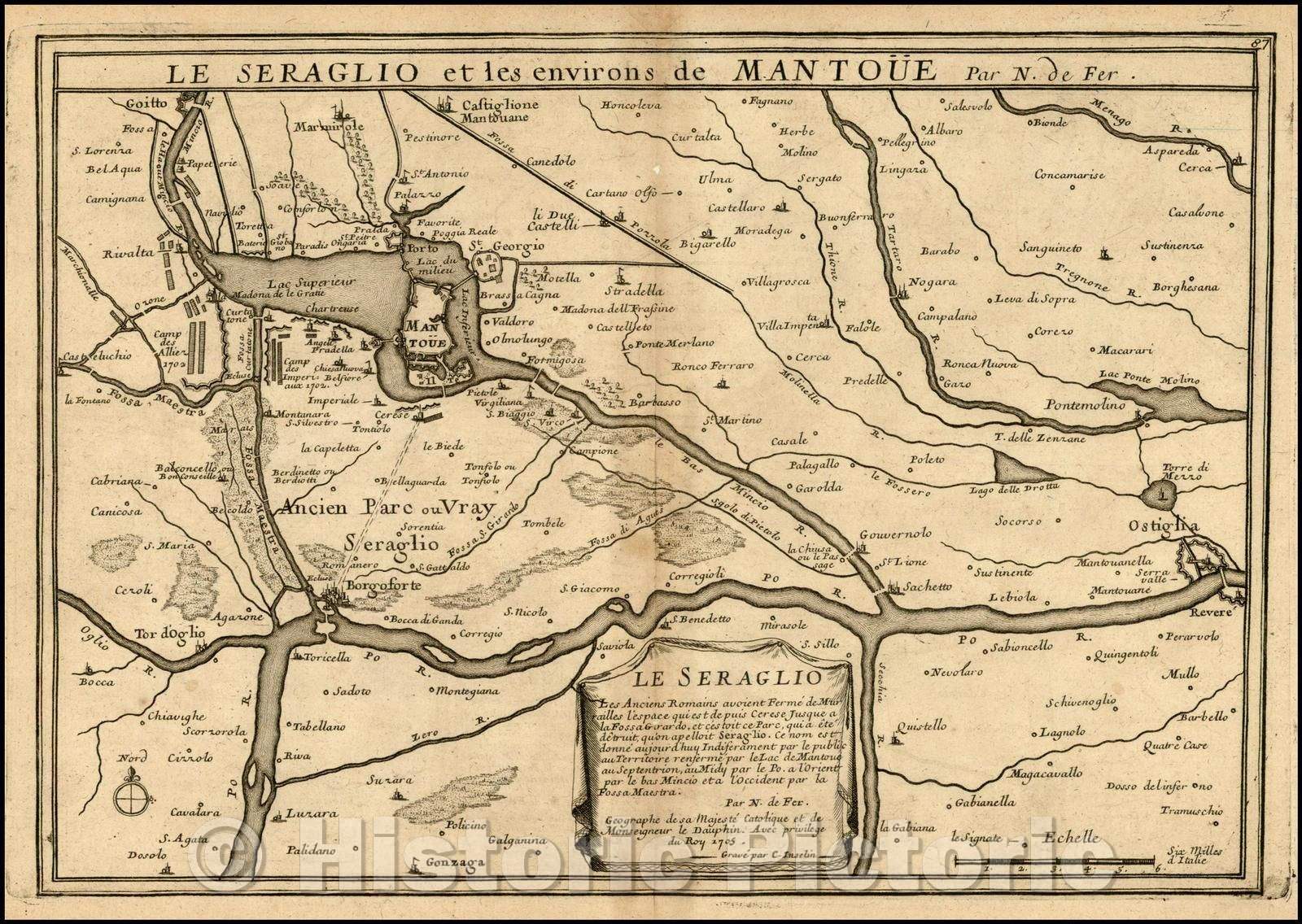 Historic Map - Le Seraglio et les environs de Ma :: area aroud Mantua, showing the Po and Mincio Rivers and the area as far east as Ostiglia, 1705 - Vintage Wall Art
