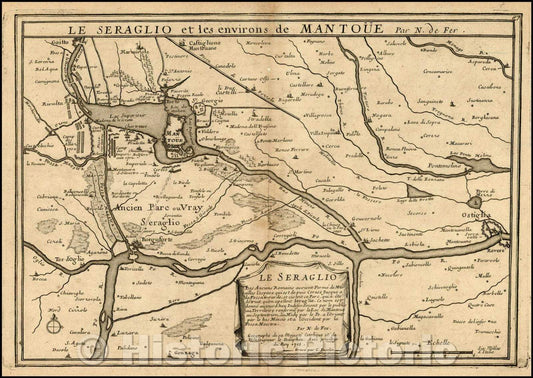 Historic Map - Le Seraglio et les environs de Ma :: area aroud Mantua, showing the Po and Mincio Rivers and the area as far east as Ostiglia, 1705 - Vintage Wall Art