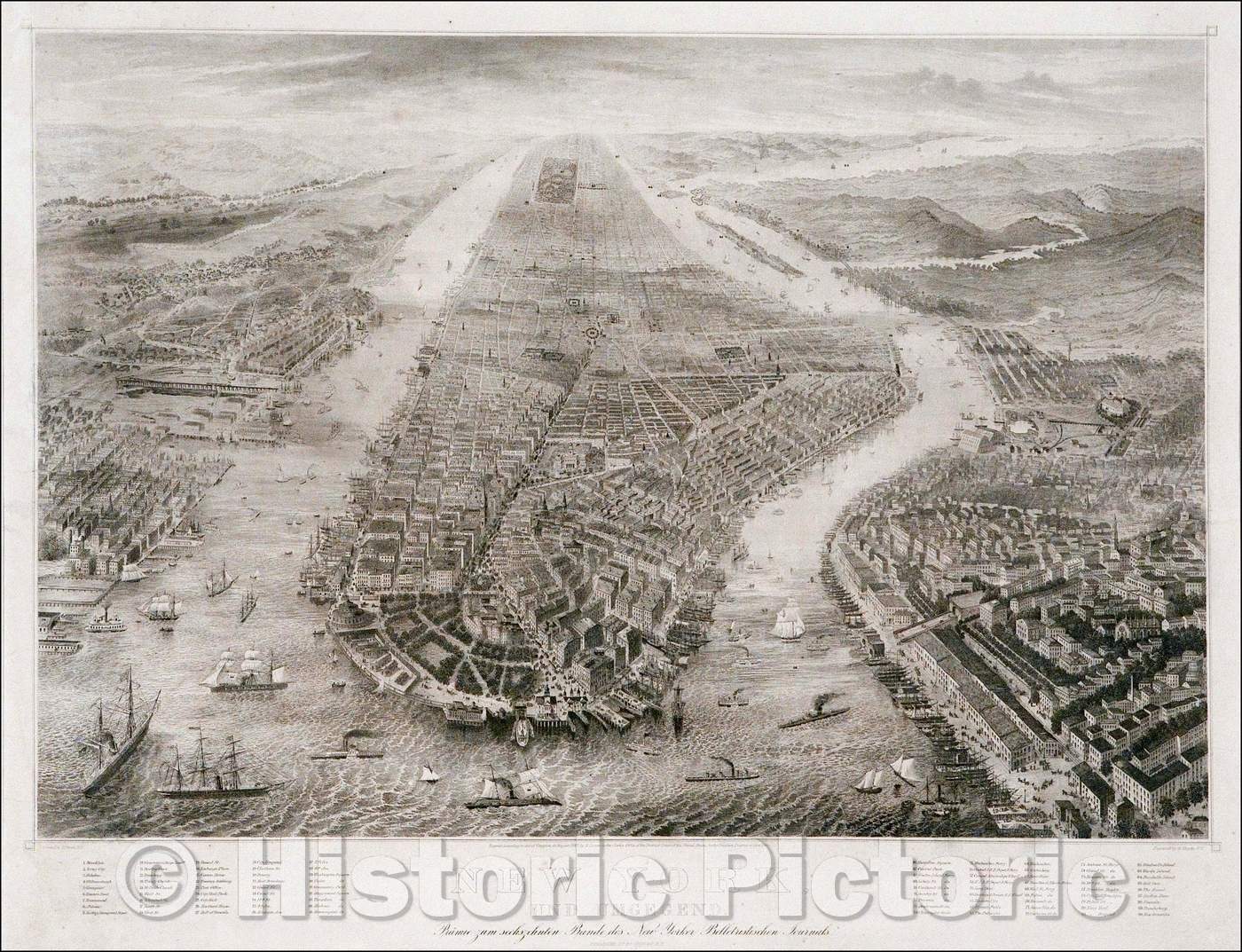 Historic Map - New York, Und Umgegend. / View of New York, 1867, R. Lexow - Vintage Wall Art