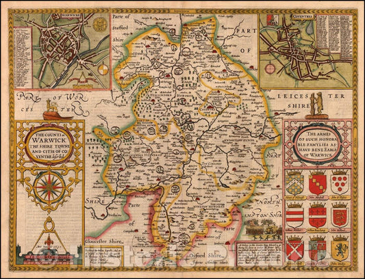 Historic Map - The Counti of Warwick The Shire Towne And Citie Of Coventre described [Latin Edition!], 1651, John Speed - Vintage Wall Art