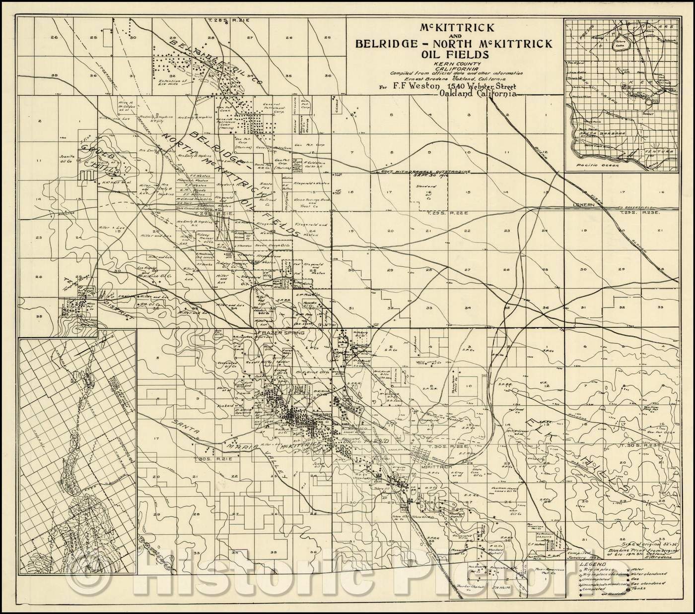 Historic Map - McKittrick and Belridge-North McKittrick Oil Fields Kern County California, 1920, Ernest Brodene - Vintage Wall Art