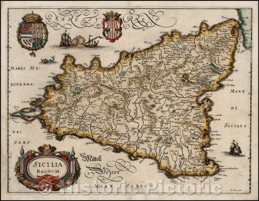 Historic Map - Sicilia Regnum, 1640, Matthaeus Merian - Vintage Wall Art