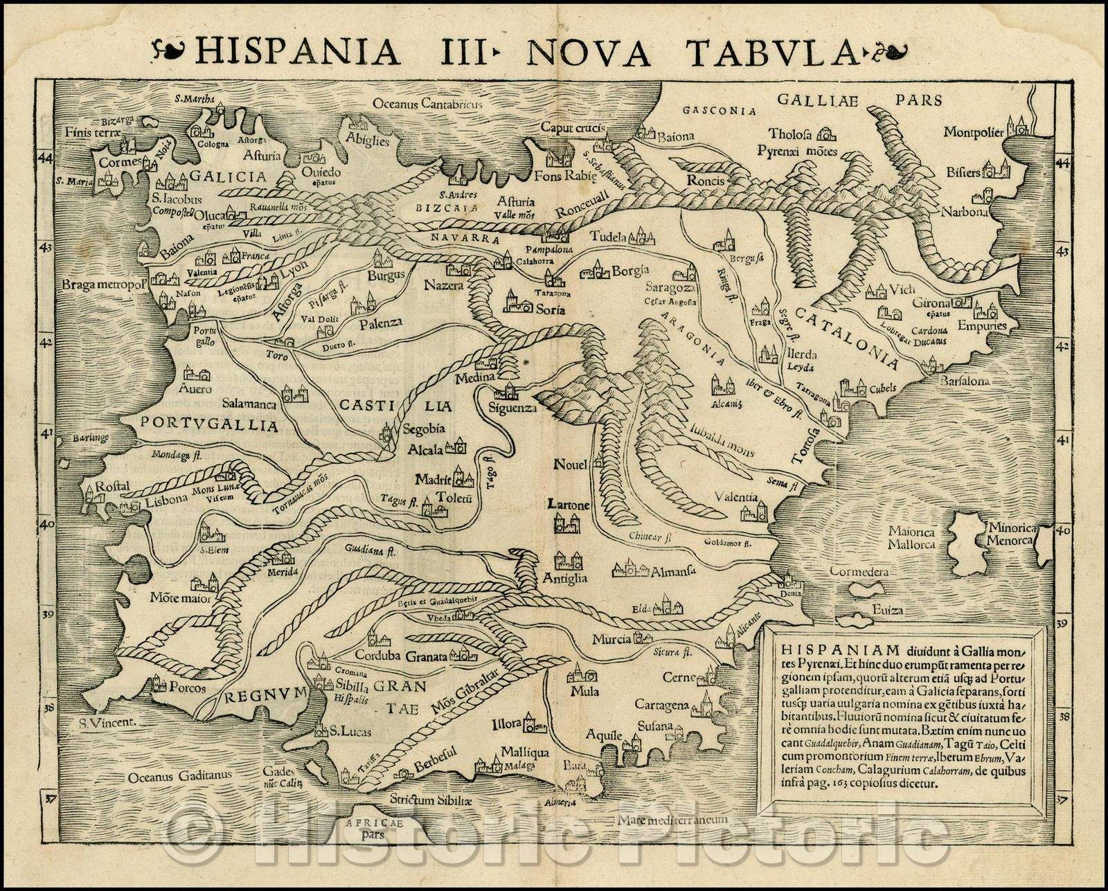 Historic Map - Hispania III Nova Tabula Spain & Portugal, 1542, Sebastian M?nster - Vintage Wall Art