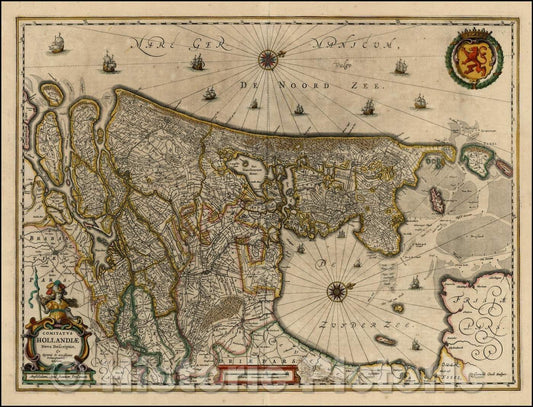 Historic Map - Comitatus Hollandiae Nova Descriptio/Map of the Netherlands, with compass rose, sailing vessels and coat of arms, 1650, Jan Jansson - Vintage Wall Art