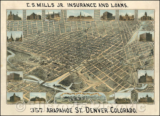 Historic Map - Bird's Eye View of the City of Denver Colorado, 1882, Strobridge Co. - Vintage Wall Art