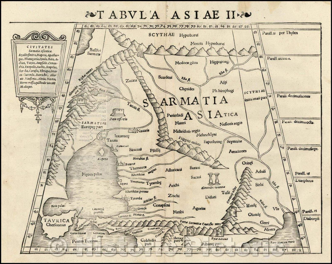 Historic Map - Tabula Asiae II/Ptolemaic Map of the Silk Road Region, between the Hyperborei Mountains and the Caucus Mountains, 1542, Sebastian M?nster - Vintage Wall Art