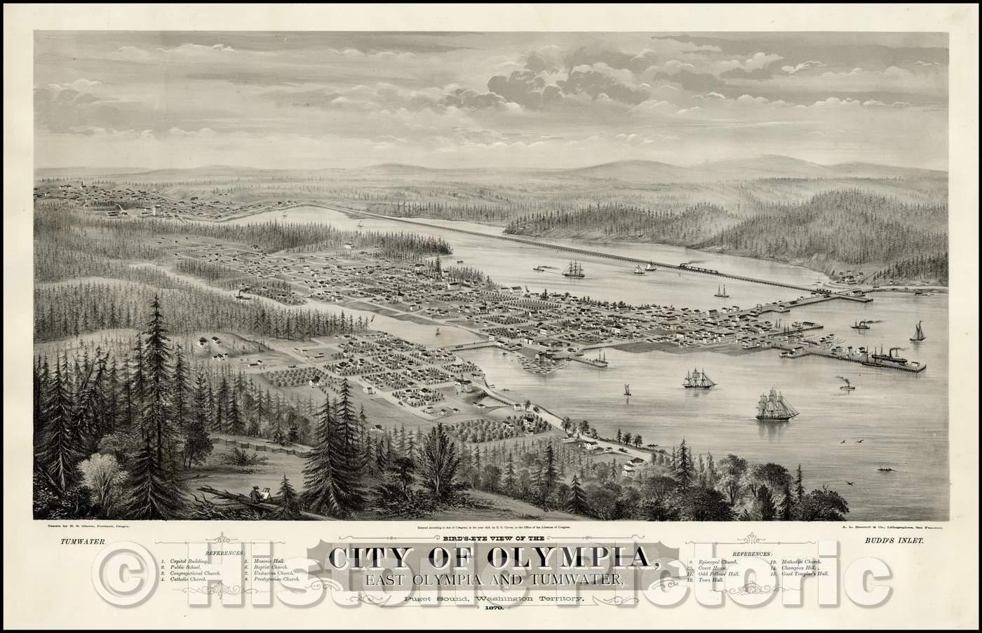 Historic Map - Bird's-Eye View of The City of Olympia, East Olympia and Tumwater, Puget Sound, Washington Territory, 1879, A.L. Bancroft & Co. - Vintage Wall Art