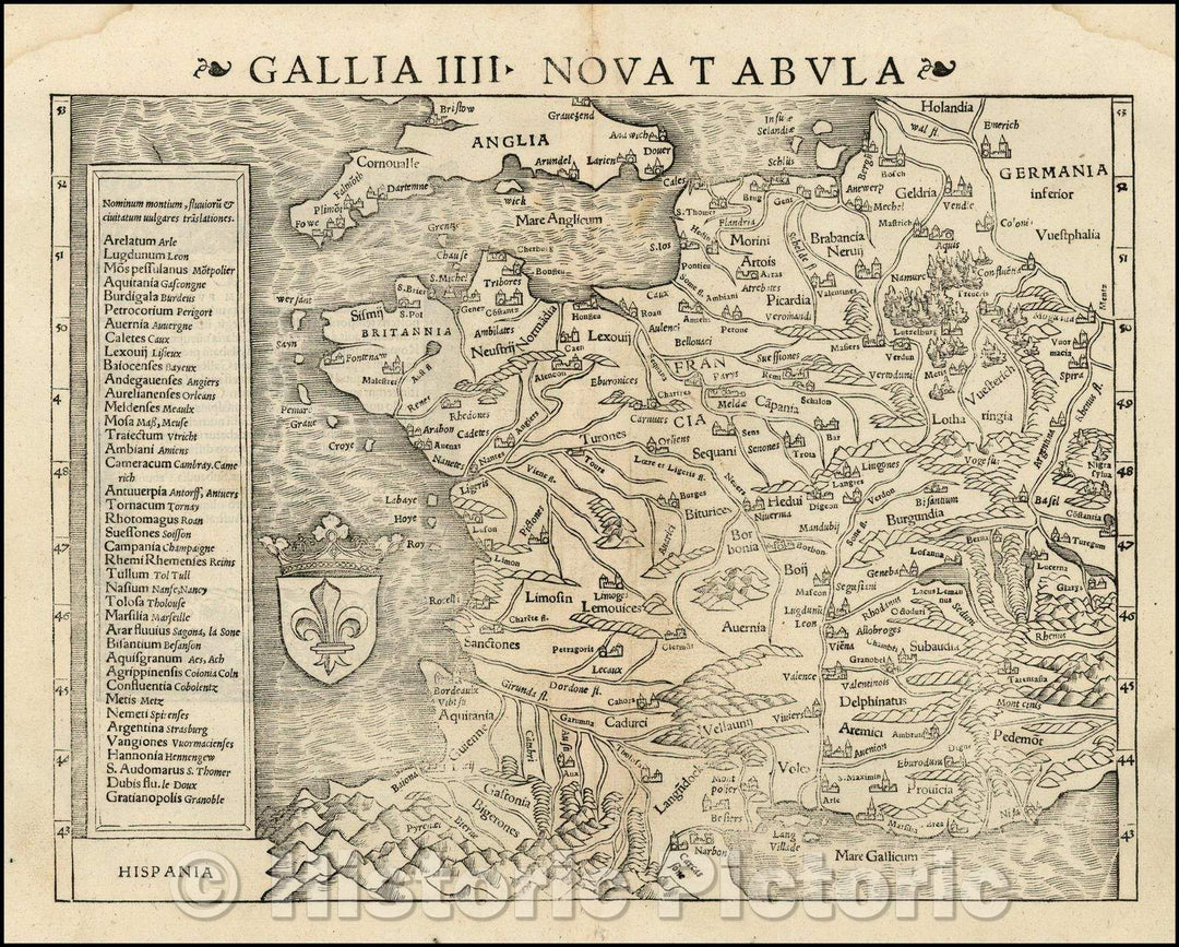 Historic Map - Gallia IIII Tabula Nova [France] (1st edition!)/France 4 Nova [France] (1st edition!), 1542, Sebastian M?nster - Vintage Wall Art