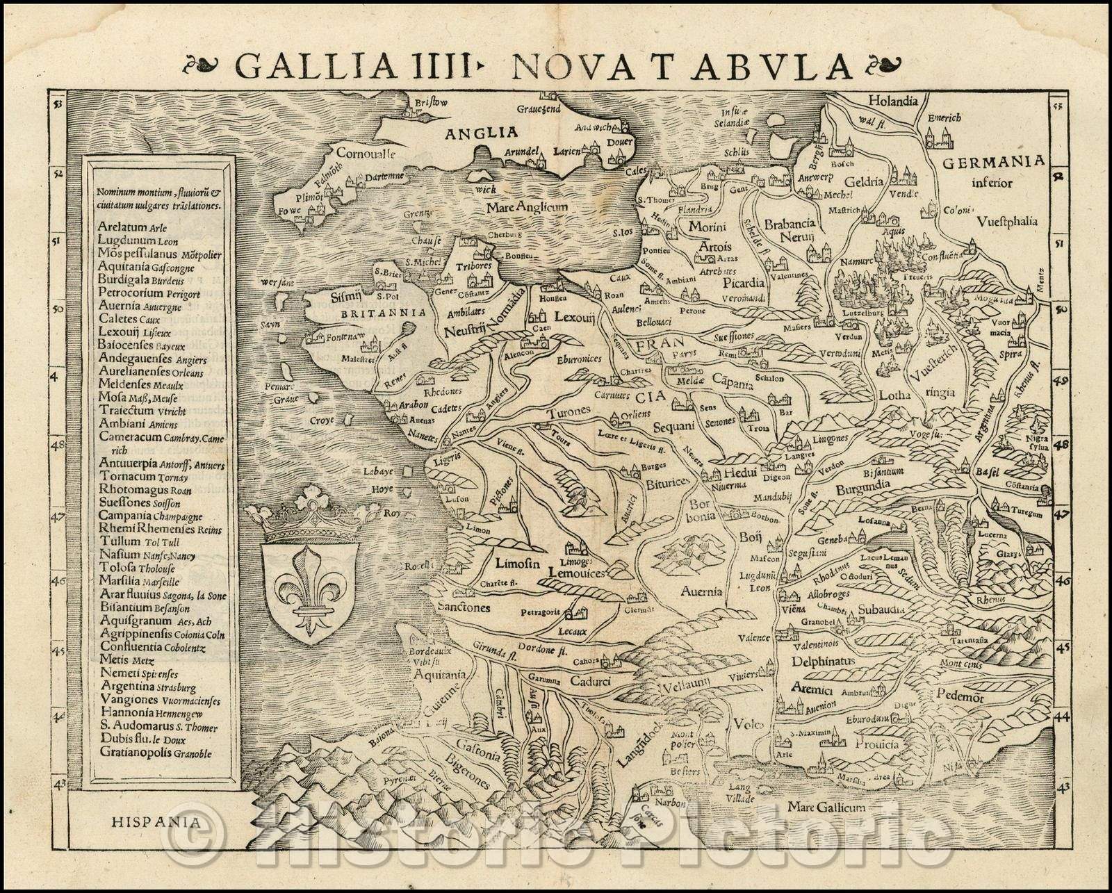 Historic Map - Gallia IIII Tabula Nova [France] (1st edition!)/France 4 Nova [France] (1st edition!), 1542, Sebastian M?nster - Vintage Wall Art