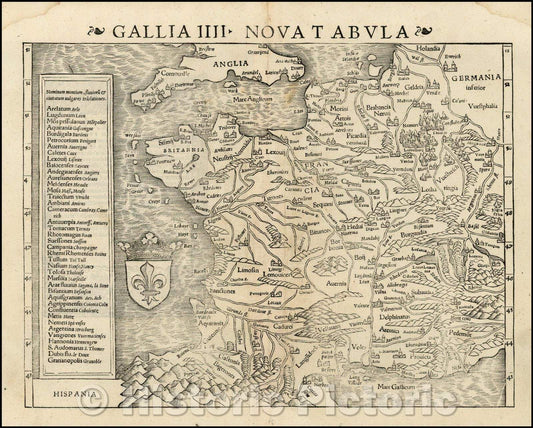 Historic Map - Gallia IIII Tabula Nova [France] (1st edition!)/France 4 Nova [France] (1st edition!), 1542, Sebastian M?nster - Vintage Wall Art