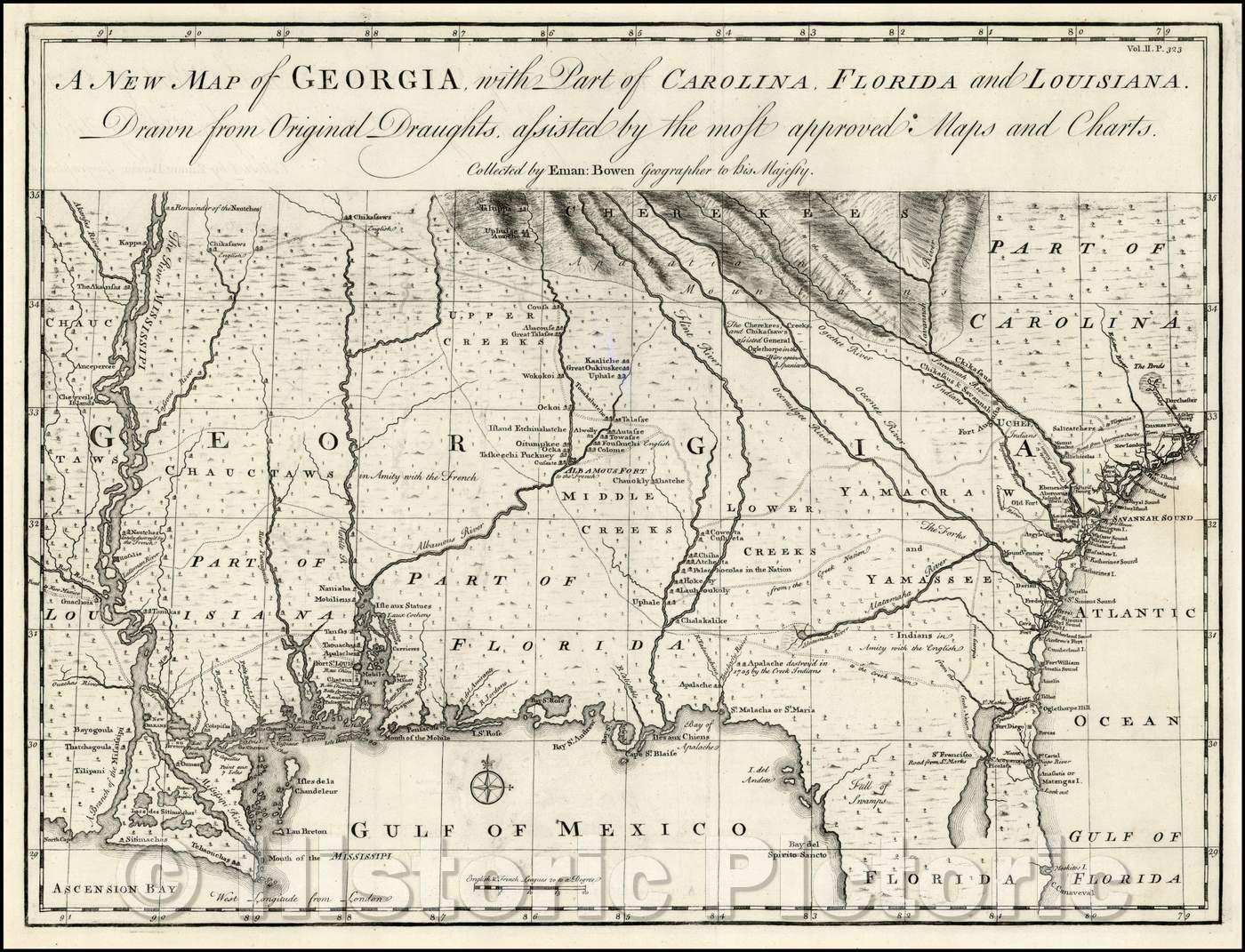 Historic Map - Georgia, with Part of Carolina, Florida and Louisiana, 1748, Emanuel Bowen v1