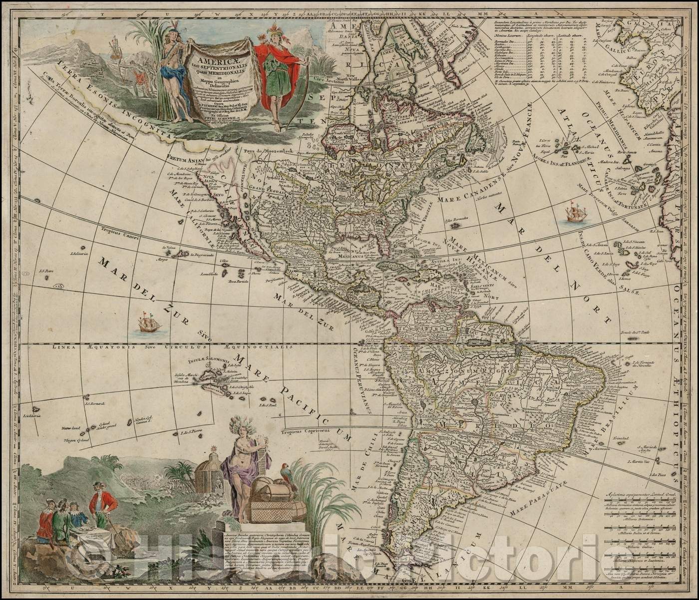 Historic Map - Americae Tam Septentrionalis Quam Meridionalis in Mappa Geographica Deliniatio :: America, California as an island, Zurner, Pieter Schenk, 1709 - Vintage Wall Art
