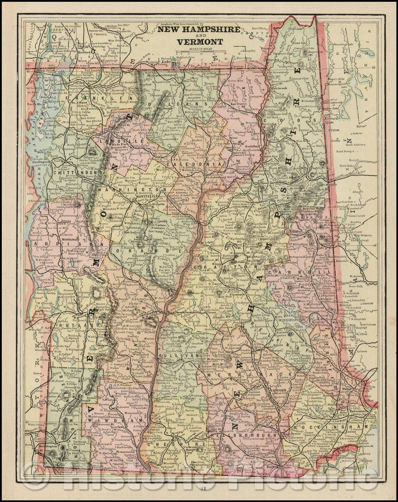 Historic Map - New Hampshire and Vermont, 1892, George F. Cram - Vintage Wall Art